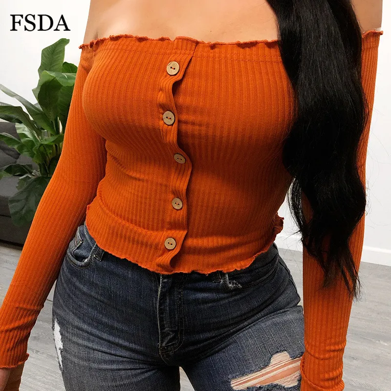 FSDA с открытыми плечами и пуговицами, топ с рюшами, длинный рукав, открытая спина, без бретелек, повседневная сексуальная черная Оранжевая женская летняя Осенняя футболка
