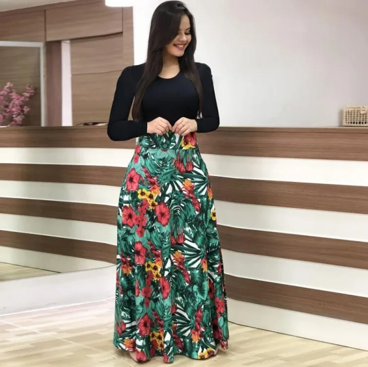 

2020 European and American style print color matching dress dress long skirt women's clothing