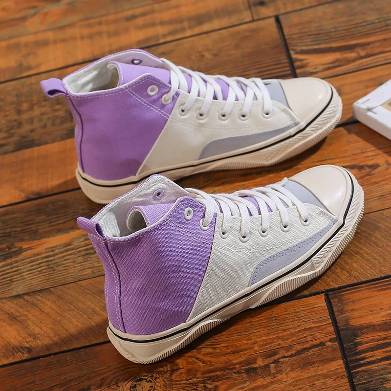 

Spring/Autumn 2021 New High Top Sneakers Women Flats Shoes Fashion Breathable Mixed Colors Lace-up Canvas Shoes Woman