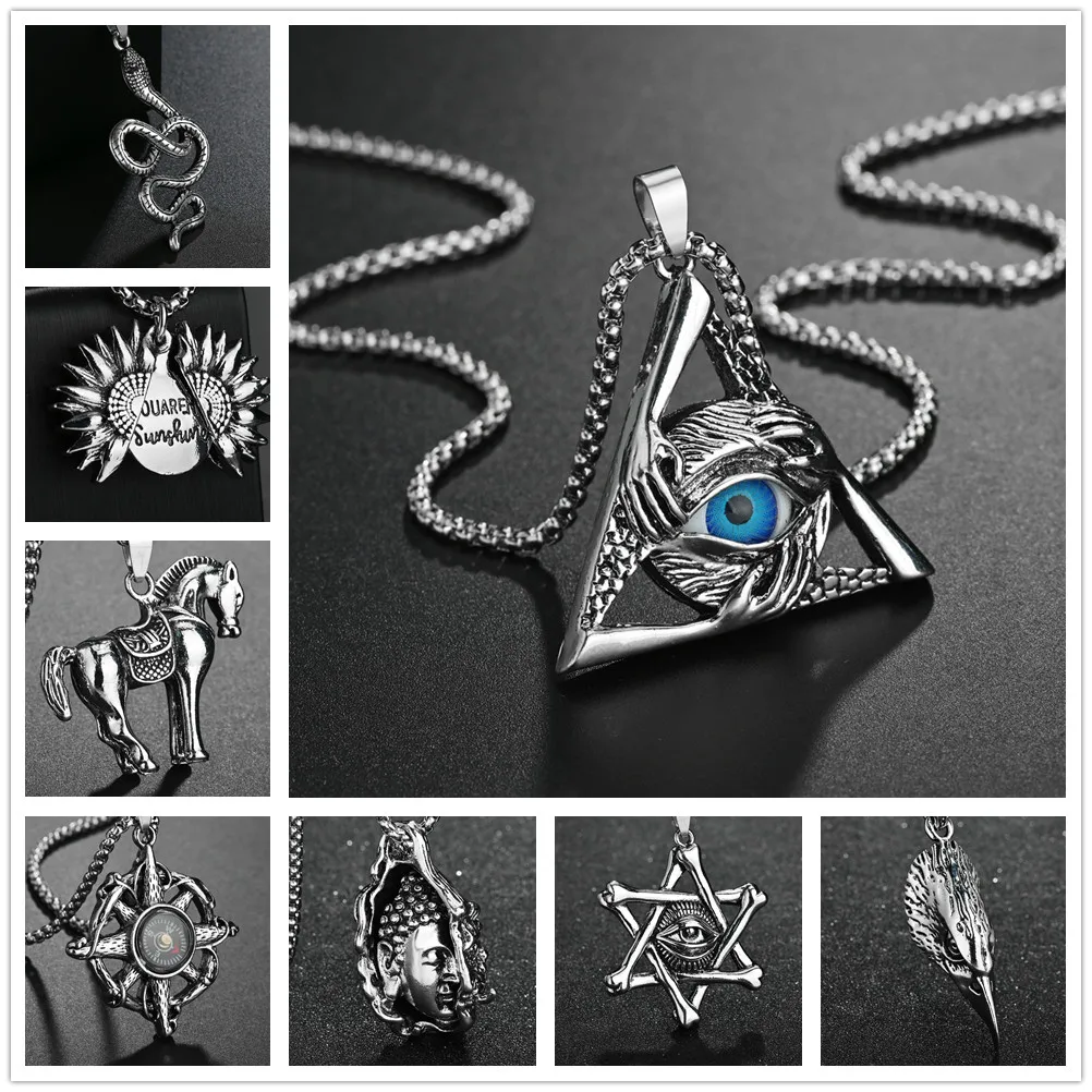 

Gothic Necklaces Hip Hop Pyramid Compass Metal Personality Women Men Stainless Steel Punk Snake Pendant Necklace Accessories