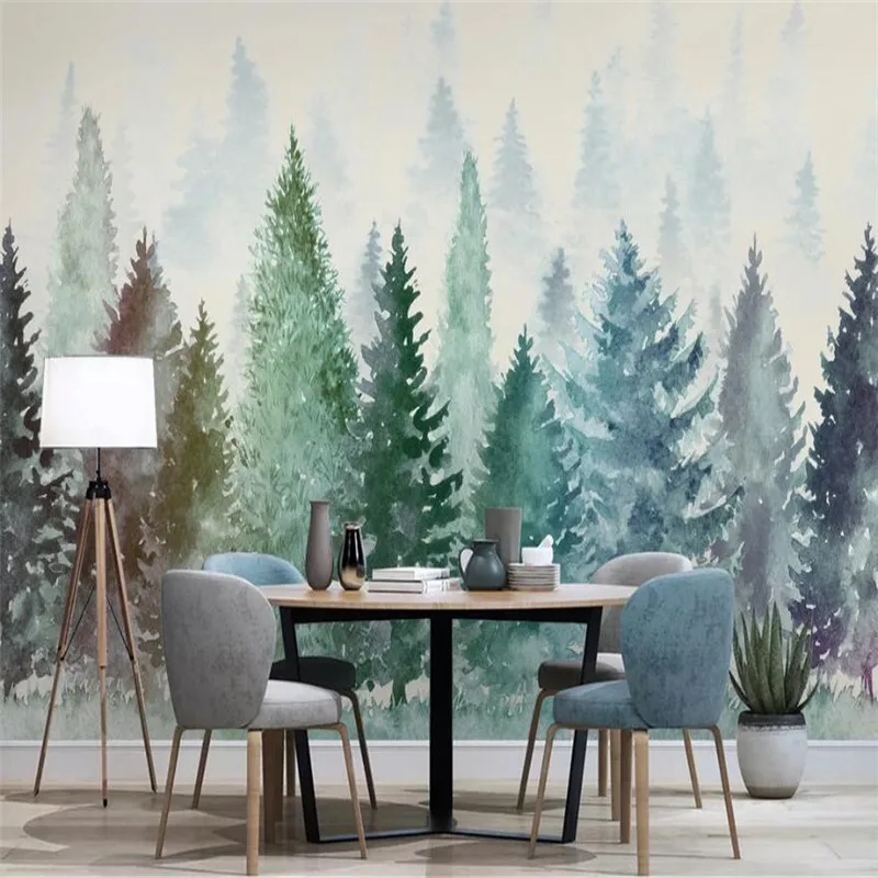 

Milofi custom 3D wallpaper mural small fresh watercolor hand-painted woods fog forest background wall home decoration wallpaper
