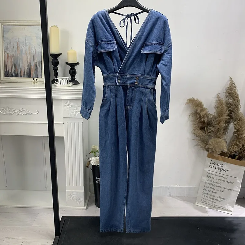 Elegant Fashion Qualities V-Neck Backless Lace Up Womens Denim Jumpsuits Half Sleeve Pocket Ankle Length Female Loose Overalls | Женская