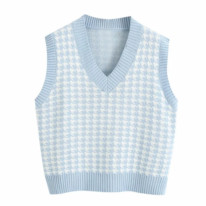 

Houndstooth Waistcoat Women New Vogue Loose Knitted Vest Sweater V Neck Sleeveless Side Vents Female Waistcoat Chic Tops