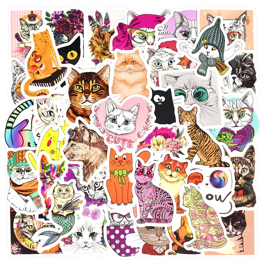 Pegatinas de gato Kawaii de dibujos animados para ni&ntilde;os, 50 Uds., calcoman&iacute;a de Animal, juguete de regalo para ni&ntilde;os, Maleta, bicicleta, coche, pegatina impermeable para ordenador port&aacute;til-1