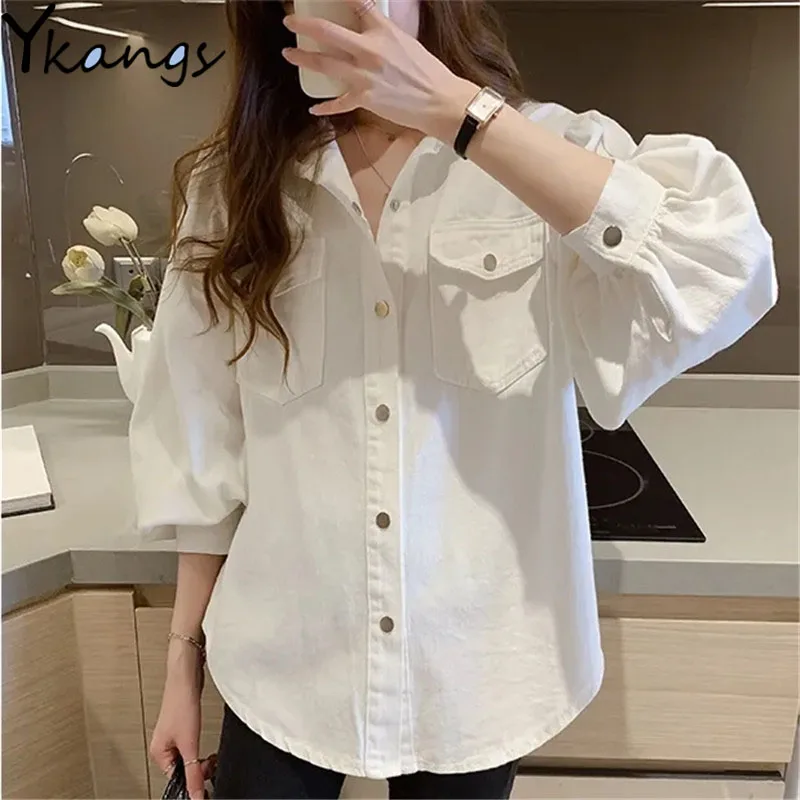 

Блузка женская однотонная с длинным рукавом, свободная Модная элегантная рубашка в Корейском стиле, с карманами, в стиле ольччан, Y2k, для сту...