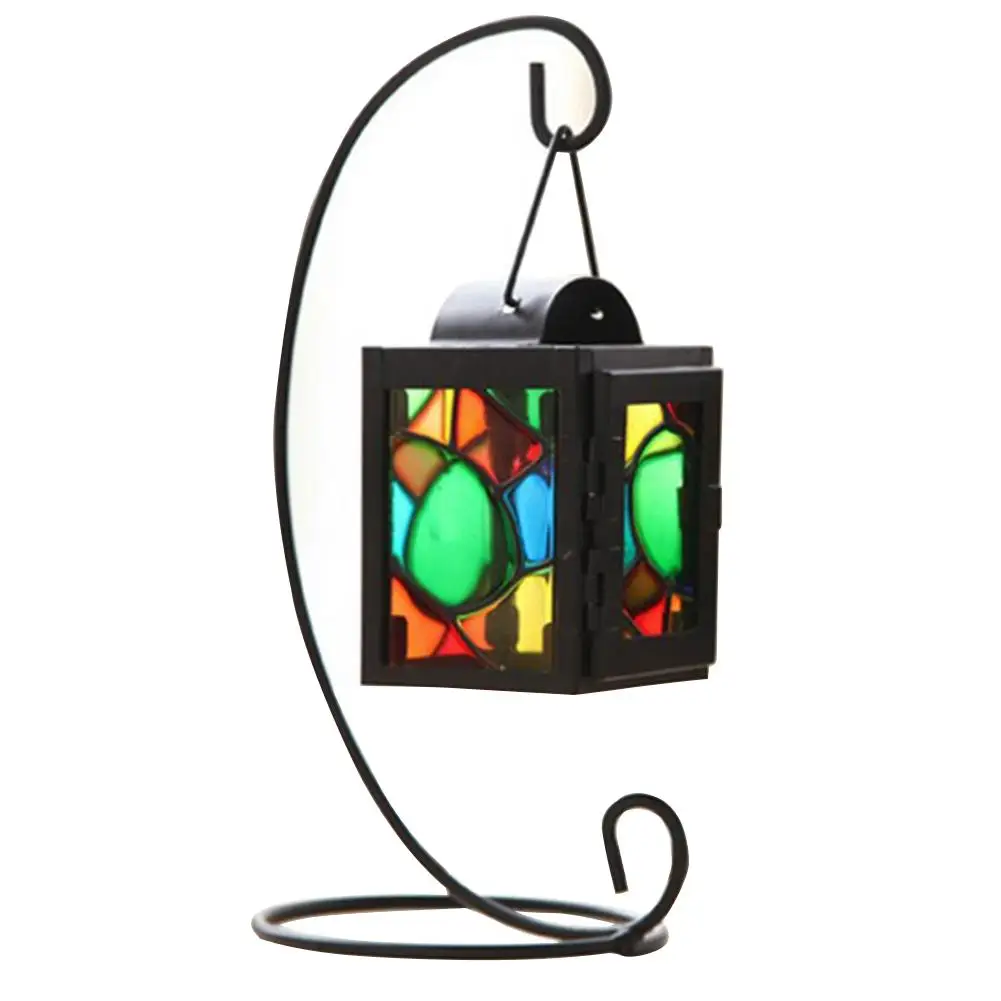 

HOT SALES！！！New Arrival Iron Craft Colorful Glass Hanging Candlestick Candle Holder Light Lantern Stand Dropshipping Wholesale