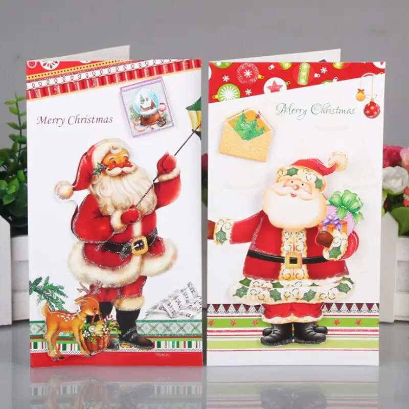 

10pcs/lot Santa Claus Three-dimensional Pattern Greeting Card Paper Fold Christmas Message Card 12*21.5cm