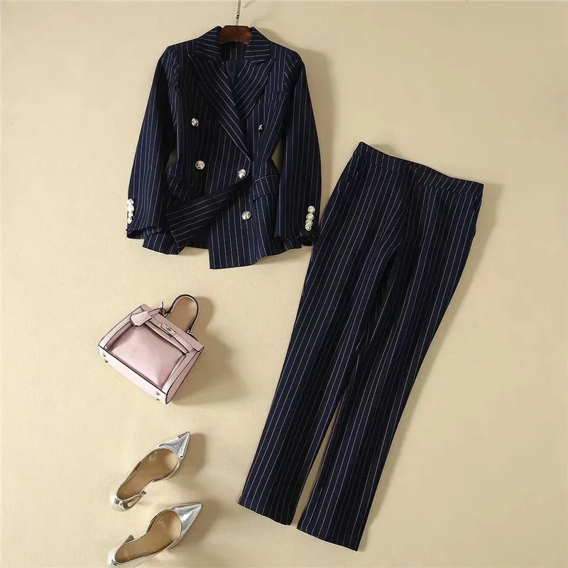 

Runway Designer Autumn Suit Women 2020 New Winter Fashion Notched Striped Blazer and Pants 2 Piece Matching Set Office Outfits