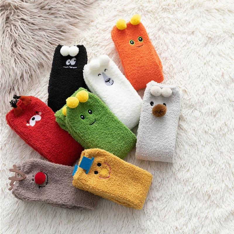8 Pairs Unisex Coral Velvet Knee High Socks Leg Warmer Solid Color Cartoon Animal Embroidery Fuzzy Sleeping Stockings
