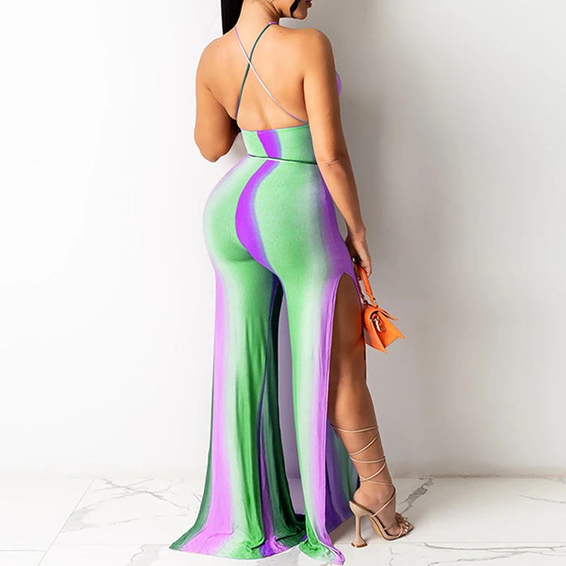 

Halter Backless Abstract Striped Jumpsuit Slit Wide Leg One Piece Romper Overalls