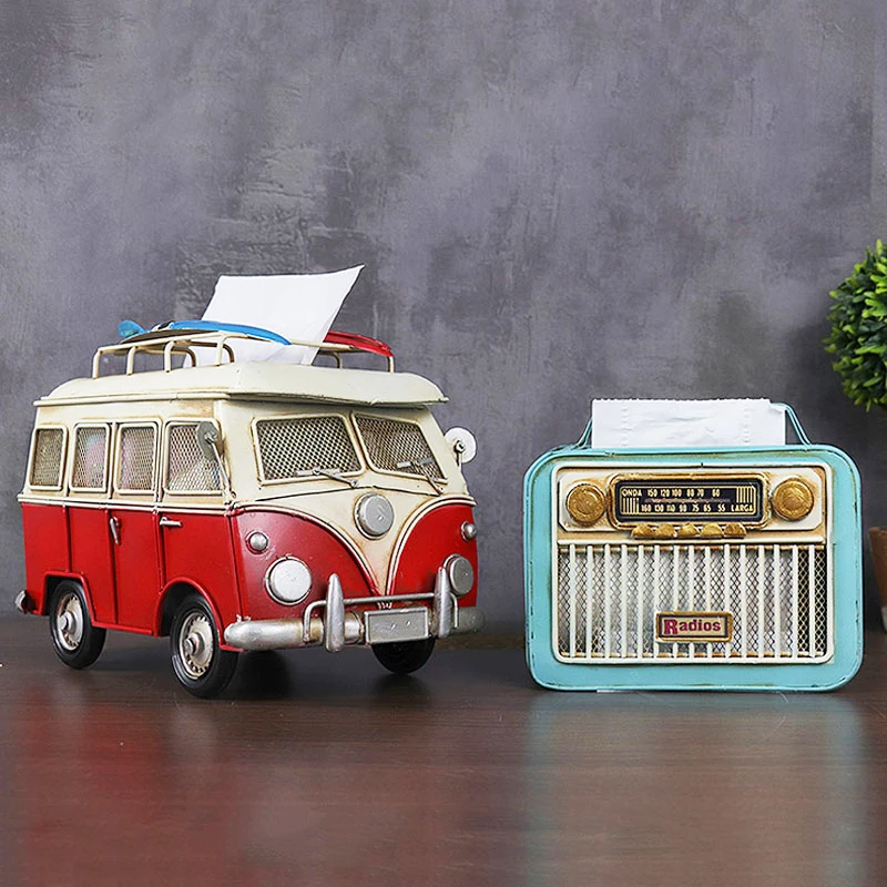 

Nostalgic Creative Metal Car Redio Tissue Box Model Miniature Decoration Ornaments Room Display Tissue Pumping Storage Box Gifts
