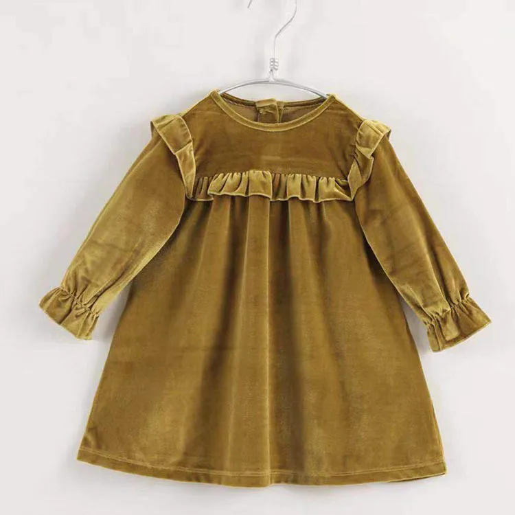 Ginger yellow Осенне-зимнее платье для малышей однотонные платья с длинными рукавами для маленьких девочек милая детская бархатная одежда Платья в стиле принцессы - Color: Ginger yellow