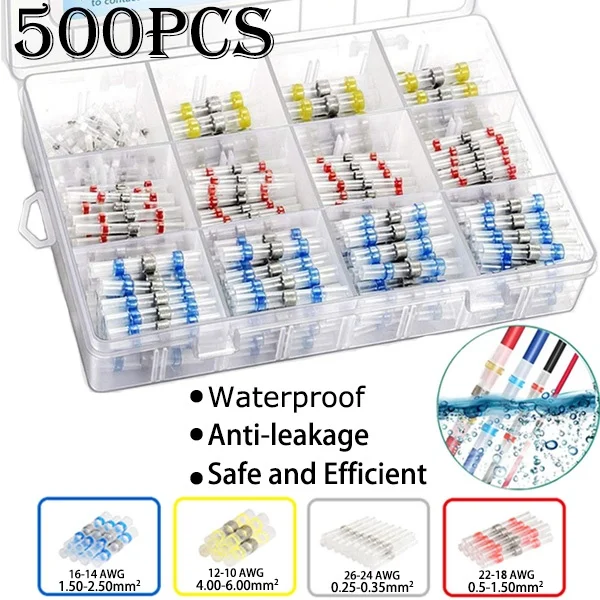 

500Pcs Heat Shrink Butt Crimp Terminals Waterproof Solder Seal Electrical Butt Connectors Wire Cable Splice Terminal KiT