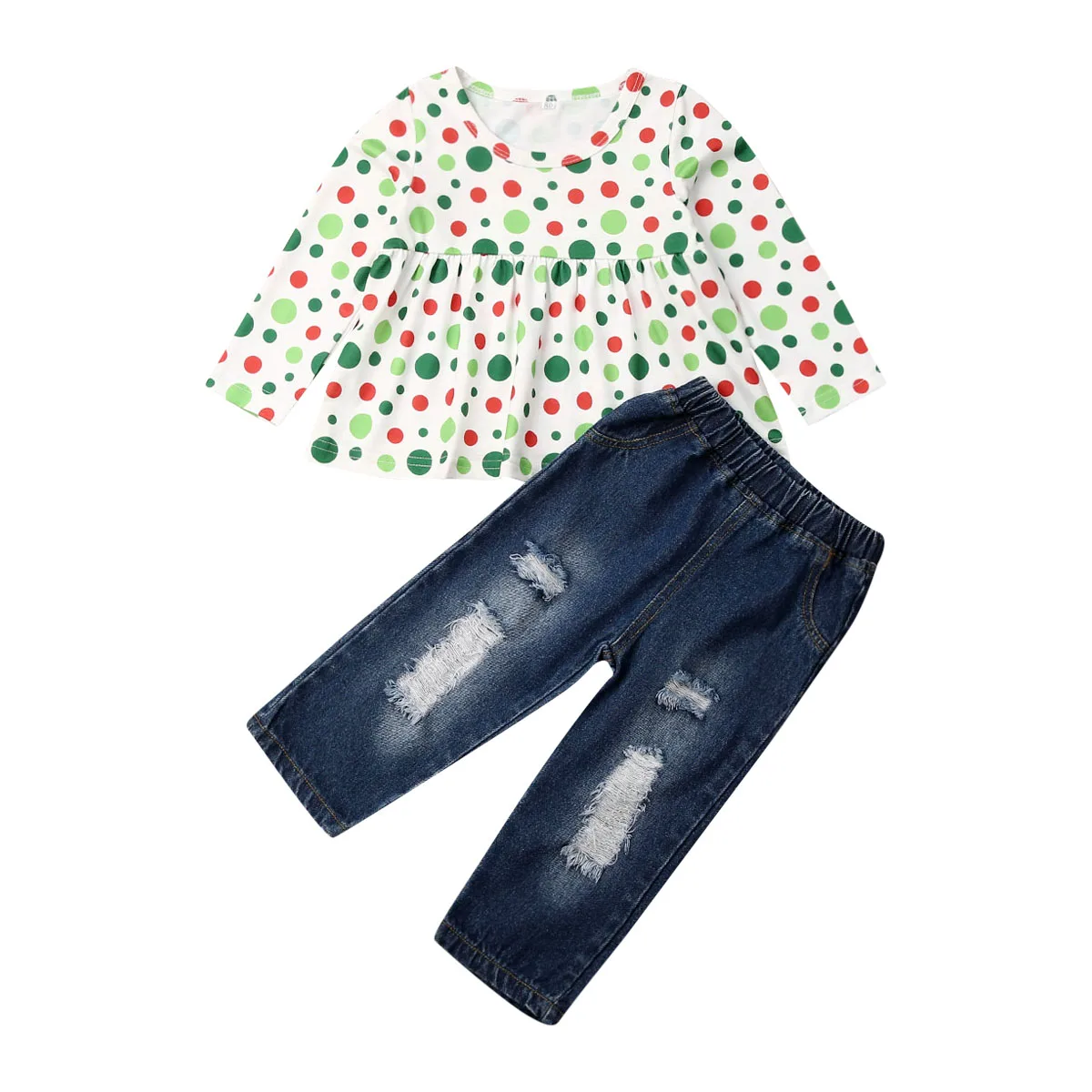 Toddler Baby Kid Girl Dress Long Sleeve Top T-shirt + Denim Ripped Pants Jeans Outfit Clothes Set | Детская одежда и обувь