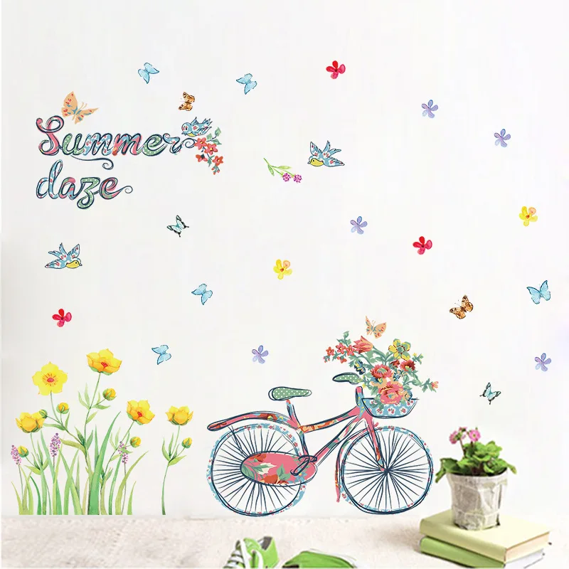 Пасторальный стиль желтые цветы и велосипед летние настенные наклейки для