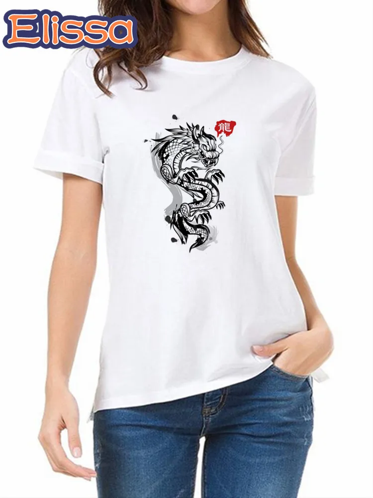 

Chinese Dragon Print Tshirt Girl Harajuku Casual White Tops Tees Summer Female T-Shirt Anime Short Sleeve,Drop Shipping