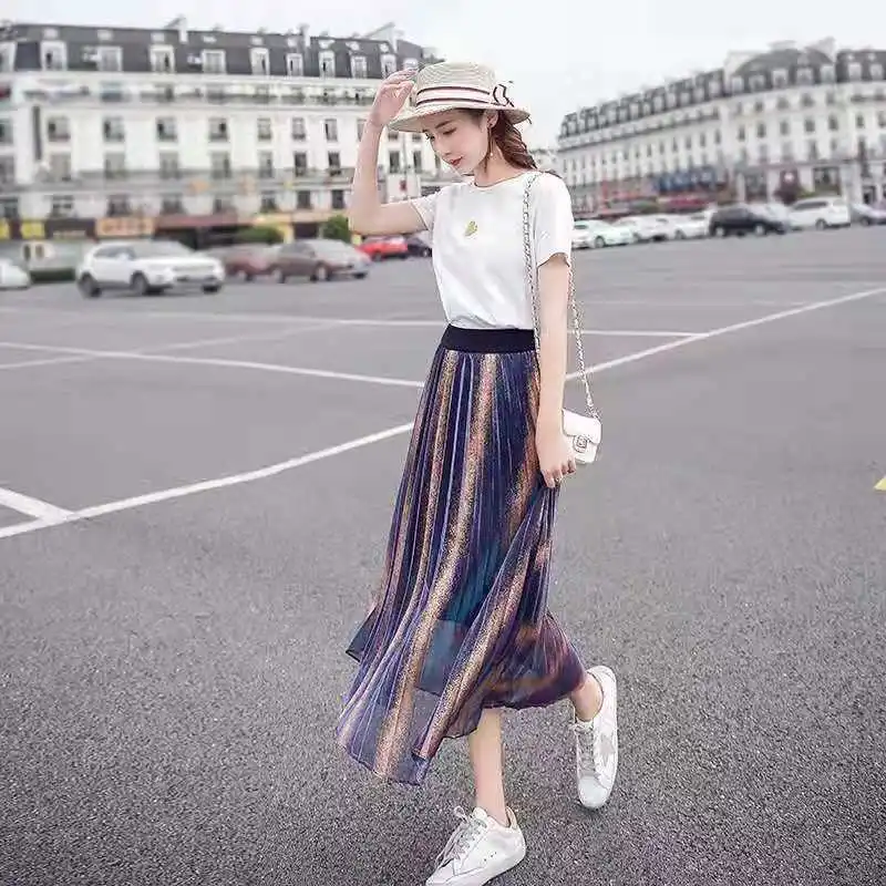 Flectit Pleated Iridescent Long Skirt Metallic Striped Elasticated Waist Flowy Sheer Women 2019 New Fashion Outfits * | Женская одежда