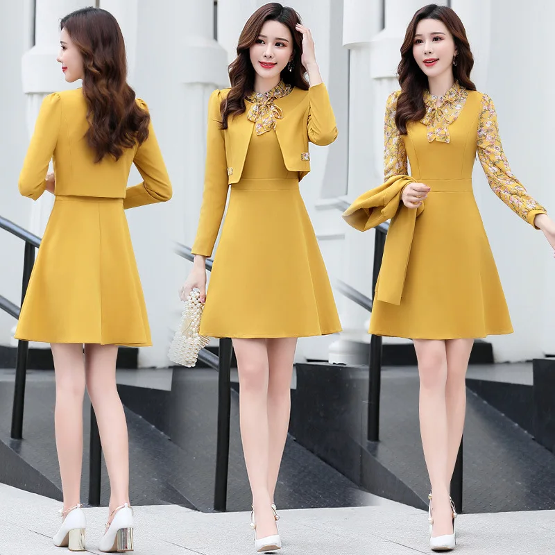 

Women Two Piece Sets Dress Suits Office Lady Formal Business Work Wear Short Blazer Elegant Dress Autumn Winter Plus Size XXXL