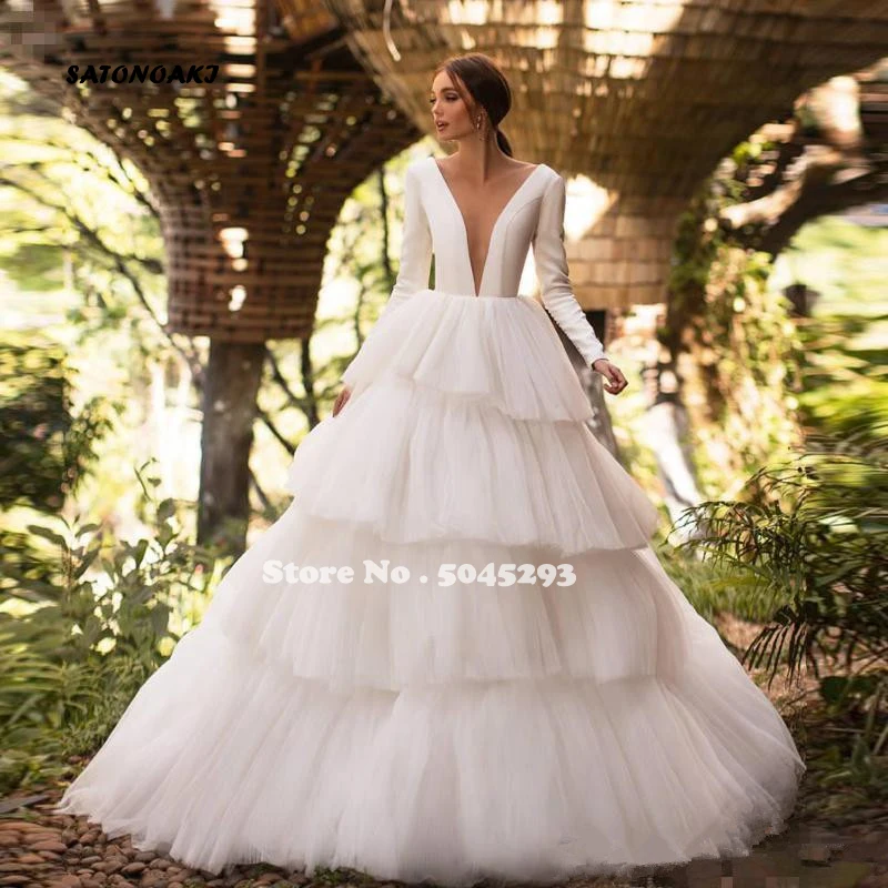 

Sexy V Neck Wedding Dresses 2021 Chapel Train Long Sleeves Plus Size Covered Button Back Tiered Bridal Gowns Vestido De Novia