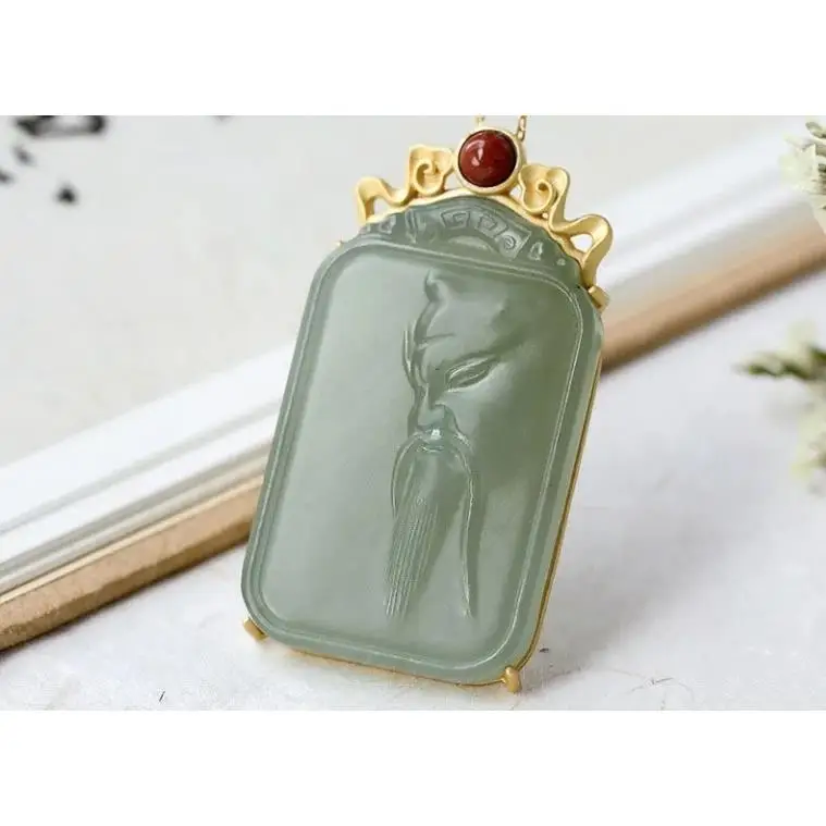 

S925 Sterling Silver Hetian Gray Jade Tranquility and Peace Plate Pendant Guan Gong Elegant Retro Pendant Ornament Gift Ornament
