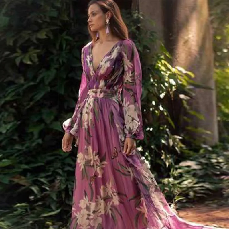 

Floral Printe V-neck Sexy Dress Summer Bohemian Maxi Dress Women Long Sleeve Party Dress Casual Holiday Beach Dresses Vestidos