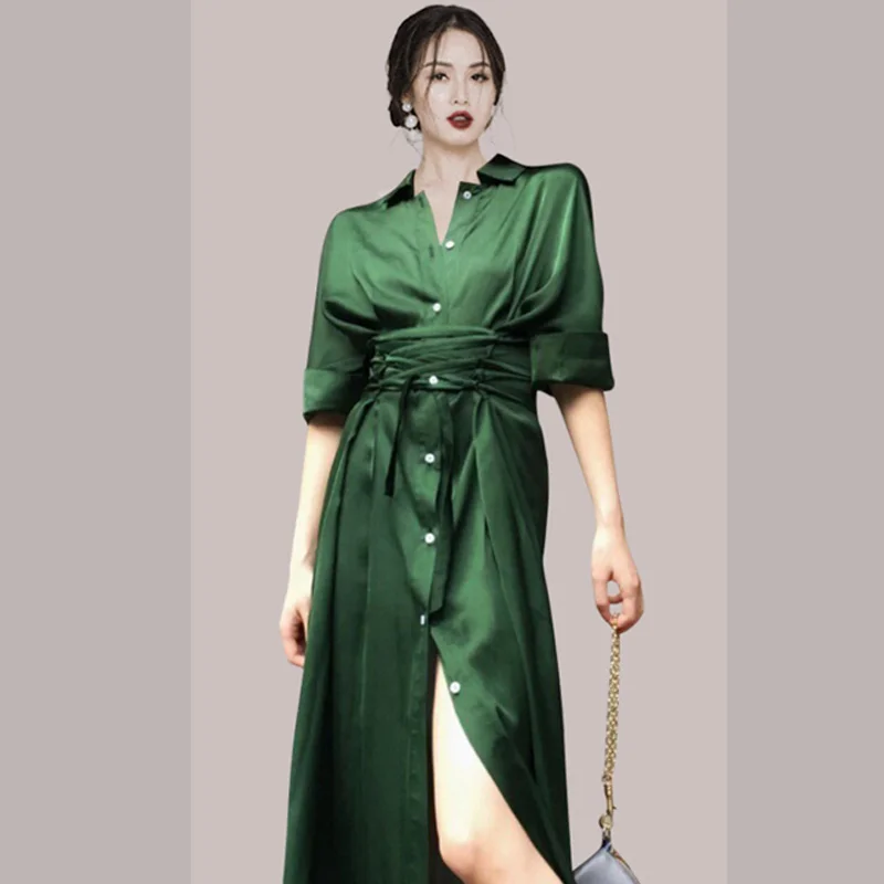 

Elegant Fashion Satin Dresses Women 2021 Autumn Vestidos Longo Single Breasted Robe Femme Green Midi Long Dresses Female