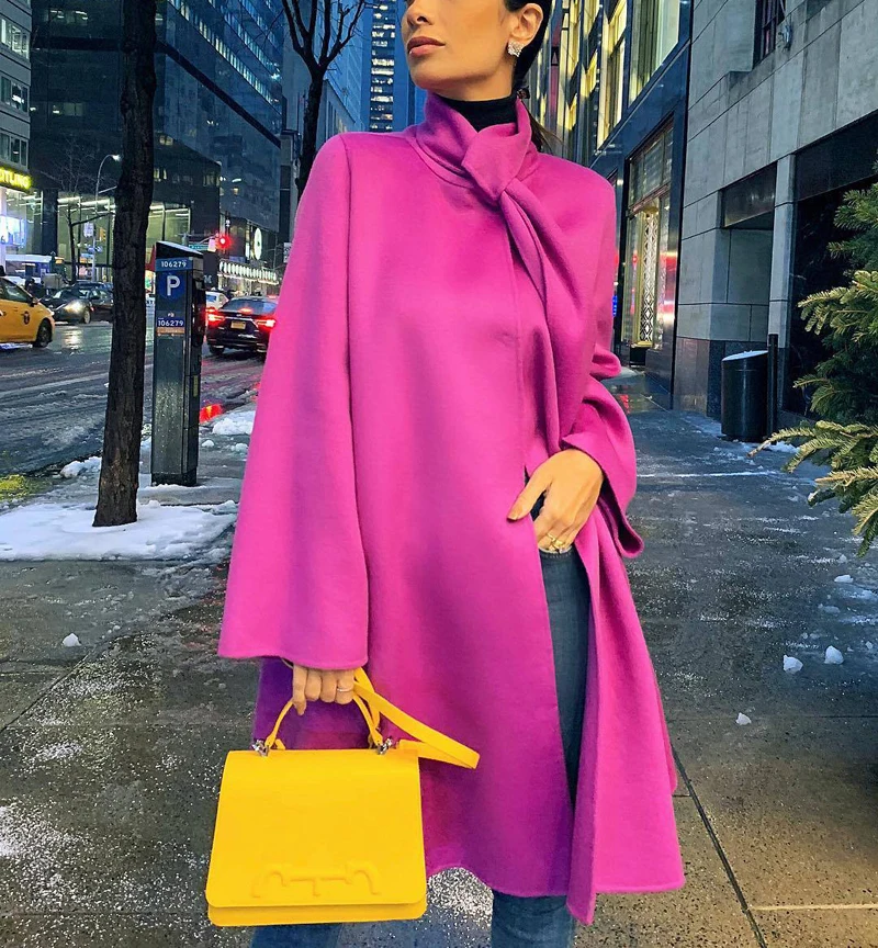 

Women Winter Coat Solid Color Flare Sleeve a Line Coat Winter Outwear