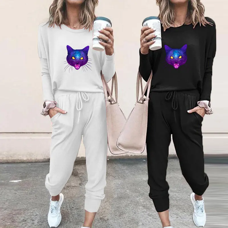

Новое поступление, комплект из двух предметов на Хэллоуин, Женские однотонные осенние спортивные костюмы, эластичные топы с принтом кота дь...