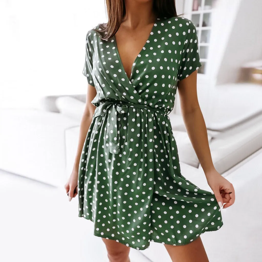 Womens Summer Fashion Dress Short Sleeve V-Neck Ladies Polka Dot Dreeses Split Vestidos For Femela Boho Beach Holiday Dress#s |