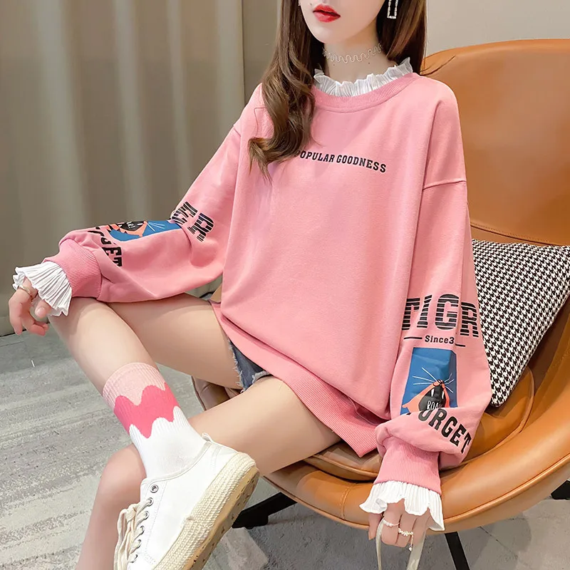 

Autumn Winter Women's Korean Fake Two- Piece New Fashion Ruffle Long Sleeve Splicing Loose Women Sweatshirt Pullover Women's
