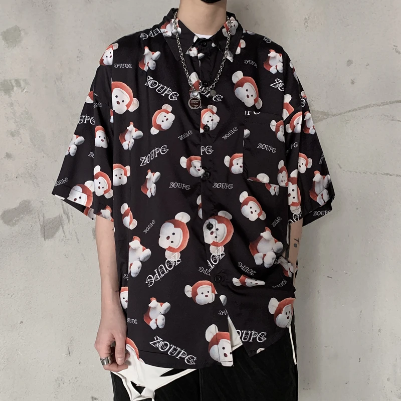 

Korean Style Summer Loose Short Sleeve Shirt Vintage Cartoon Print Tops Unisex Harajuku Streetwear Camisa Men and Women Clothes