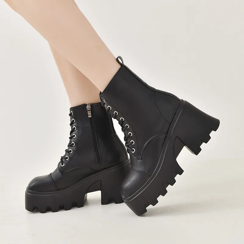 

Spring Autumn Lace Zippers Women's Boots Round Toe Thick Platform Mediumn Heel Patent Leather Ankle Solid Large Shoes For Women