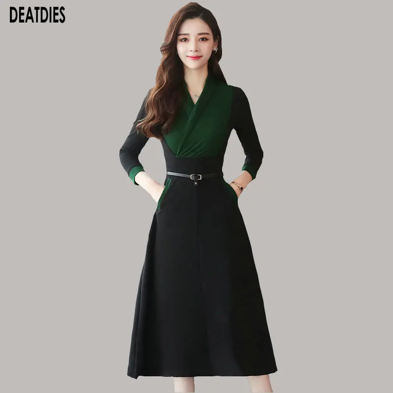 

Женское платье с V-образным вырезом, осенне-зимняя одежда с длинным рукавом, элегантная Офисная Женская одежда в стиле пэчворк, 2019