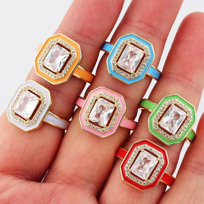 

Hip-hop Retro Square Diamond Painted Enamel Luxury Temperament Opening Adjustable Ring for Women Engagement Party Gifts