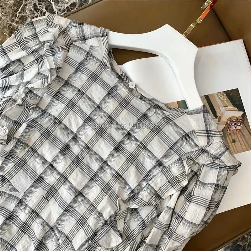 

Grey Checked Print Midi DRESS Round Neck Front Ruffles Trim Long Puff Sleeved Woman high quality dress