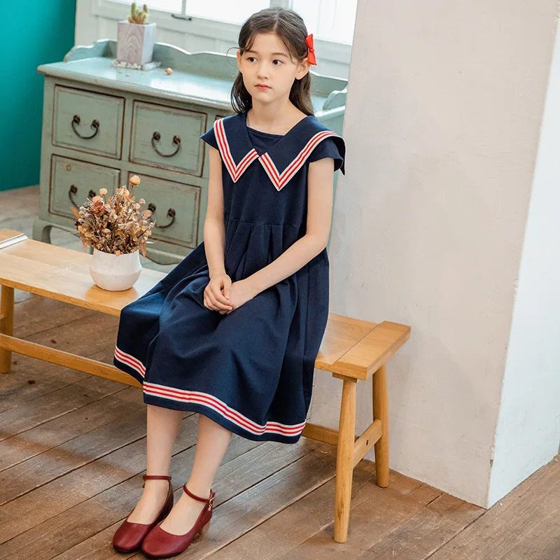 

Summer Dresses for Girls Preppy Style Kids Clothes Peter Pan Collar Navy Teen Princess Dress School Children Dresses 12 13 Years