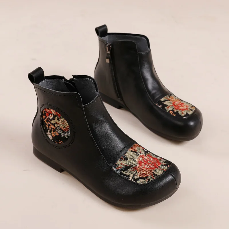 

2021autumn and winter models leather low barrel thick heel round toe with ethnic style embroidery ladies comfortable short boots