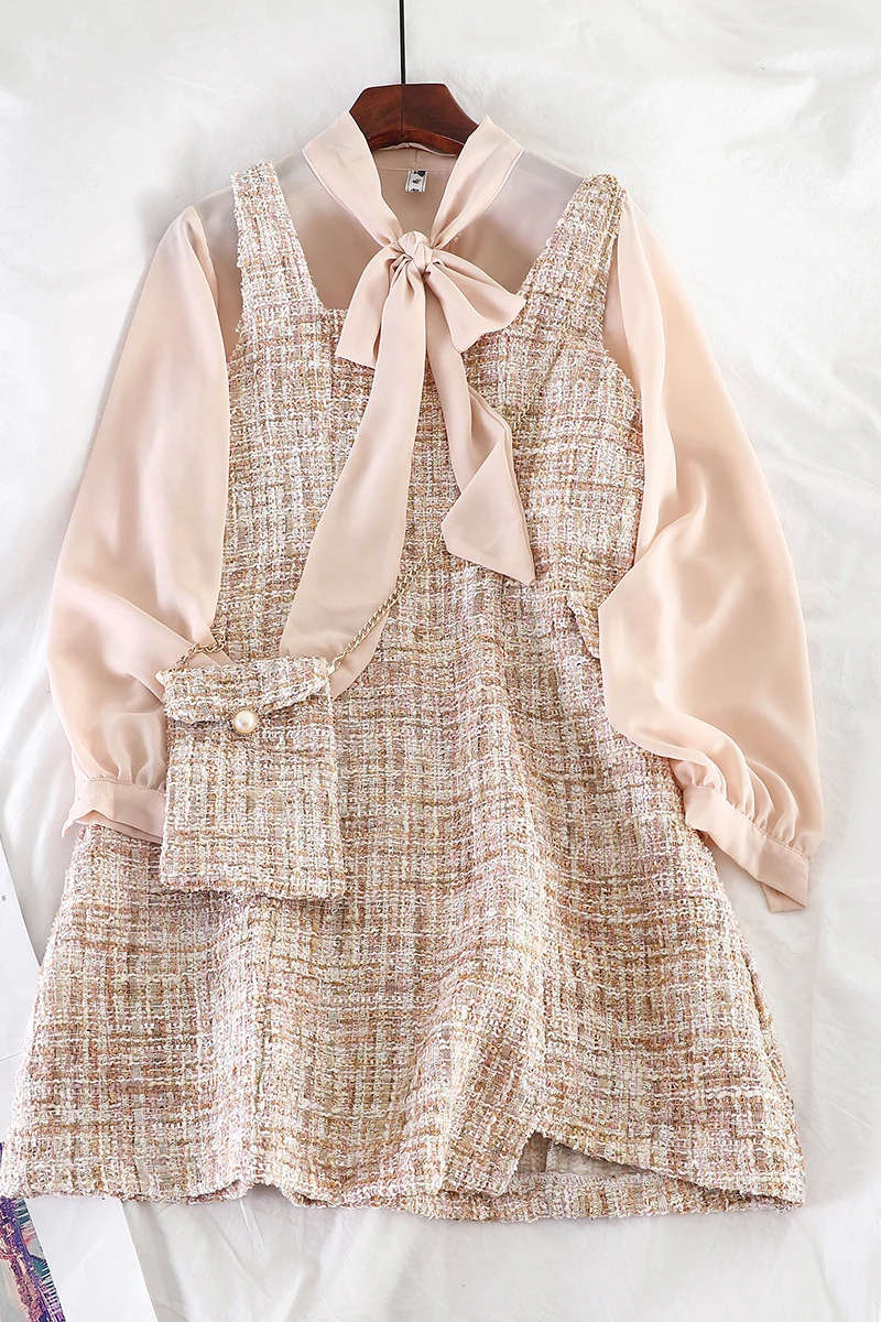 

Temperament tie collar shirt top duffle vest skirt bag three-piece female