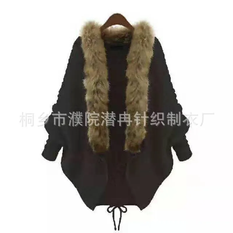 

GOOHOJIO Women Cardigan Sweater Thick Poncho Capes Femme Winter Bat Sleeve Fur Collar Wool Sweater Knitted Wome Long Cardigan