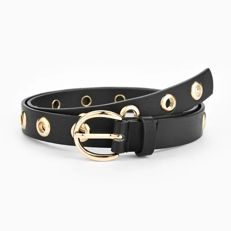 

Women Eyelet Pu Gold Belt New Metal Buckle Thin Hollow Belts for Women Fashion Jeans Punk Black Gray Waistband 2021