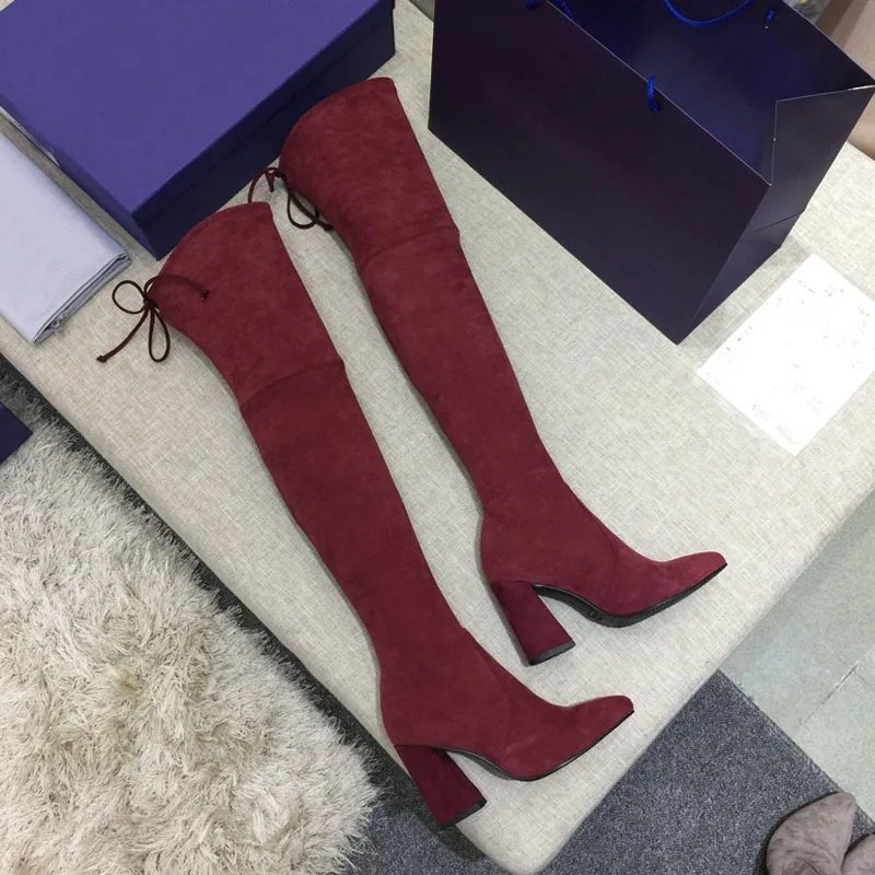 

high Plush thin leg Autumn and winter boots thick heel knee elastic boots high heel shoes