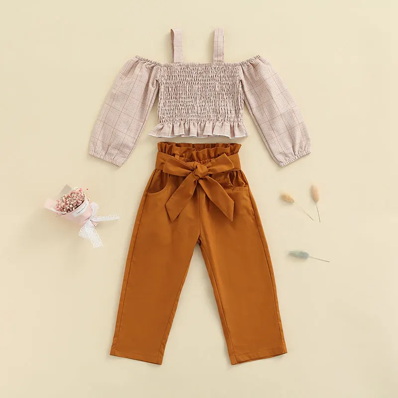 

Повседневный комплект одежды для девочек, топы с открытыми плечами и принтом в клетку на возраст 18 мес.-6 лет, коричневые однотонные брюки, бр...