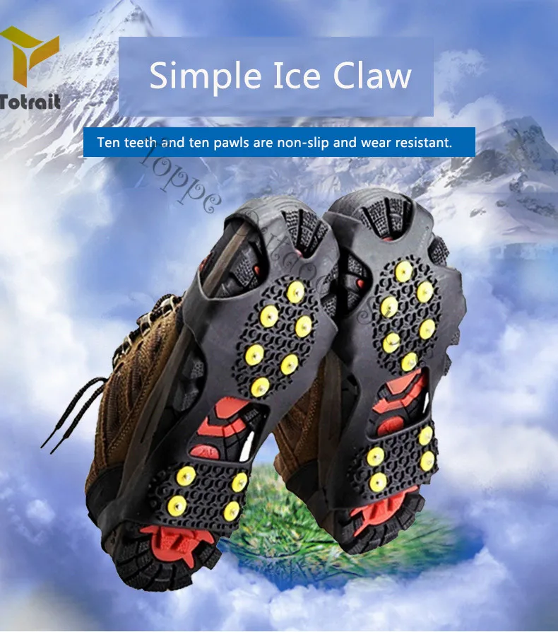 

TOtrait 1 Pair 10 Studs Anti-Skid Ice Gripper Snow Ice Climbing Shoe Spikes Grips Crampons Cleats Over Shoes Covers Crampon