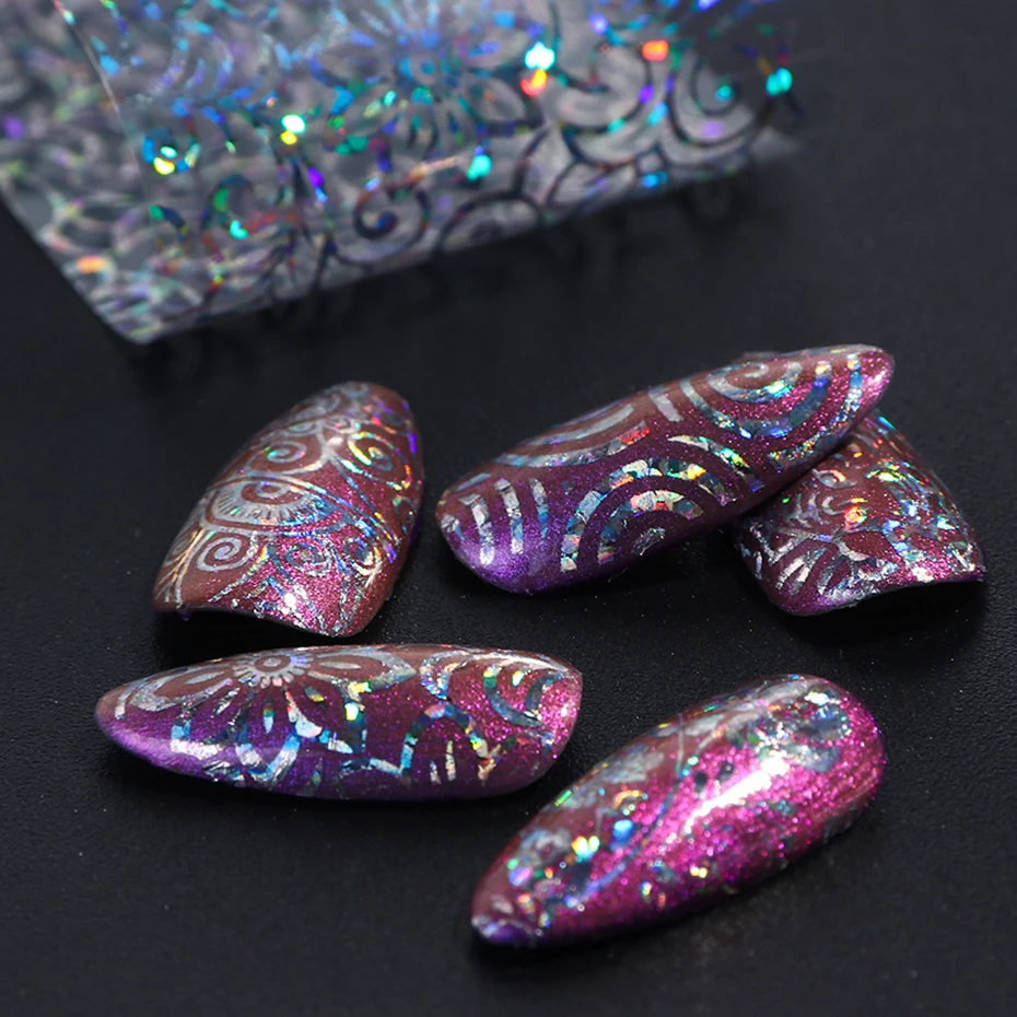 10pc Holographic Foils Nail Transfer Wraps Lace Flower Snowflake Clear Black Adhesive Sticker Set Nail Foil Gradient Tips CH1040