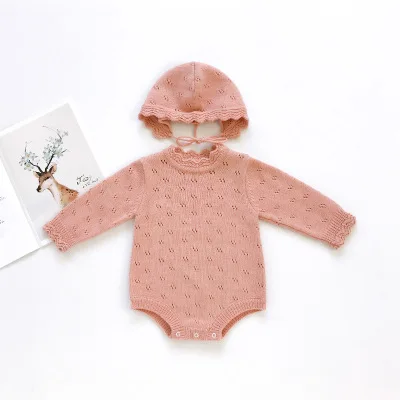 

Baby Girl Knitted Romper Vintage Style Infant Clothes Cream Color Lovely One-piece Baby Jumpsuit+Hat Boy Girl Cloting Sets 2Pcs