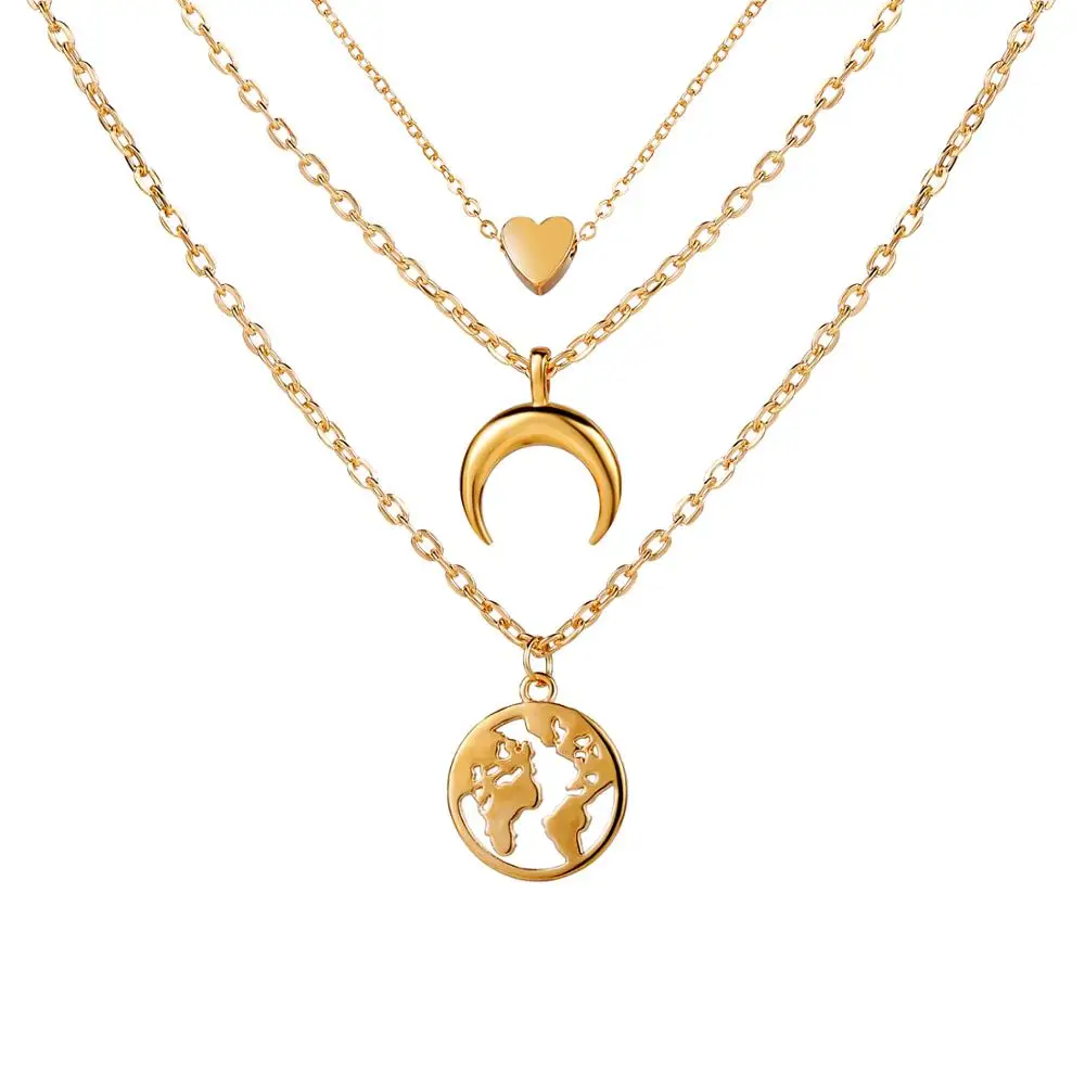 Heart Necklaces for Women Fashion Gold Chain Long Moon Map Statement Necklace Multilayer Pendant Bohemia Choker Jewelry | Украшения и