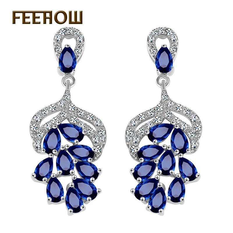 Dark blue FEEHOW Новое поступление Мона Лиза белый цвет высокое качество кубический цирконий Висячие серьги для женщин Свадебная вечеринка ужин подарки FWEP042 - Окраска металла: Dark blue