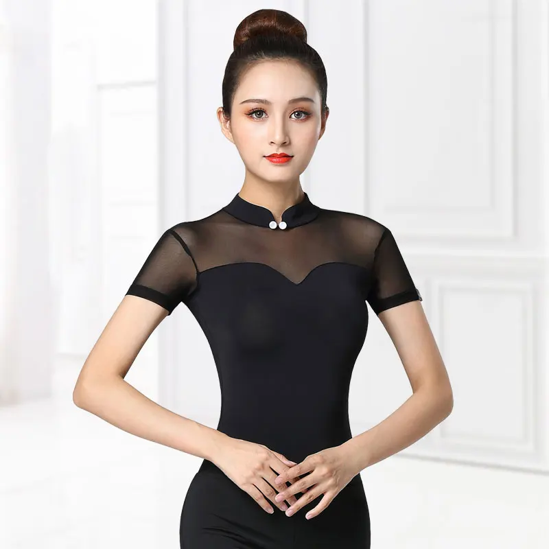

Women'S Training Clothing Female Samba Latin Dance Practice Tops Retro Cheongsam Style Sexy Mesh Short-Sleeve Bodysuit DL6340