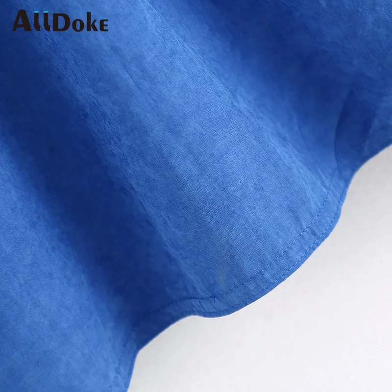 

ALLDOKE blue vintage casual blouse women summer turn down collar batwing sleeve tops shirt double pockets blouses blusas mujer