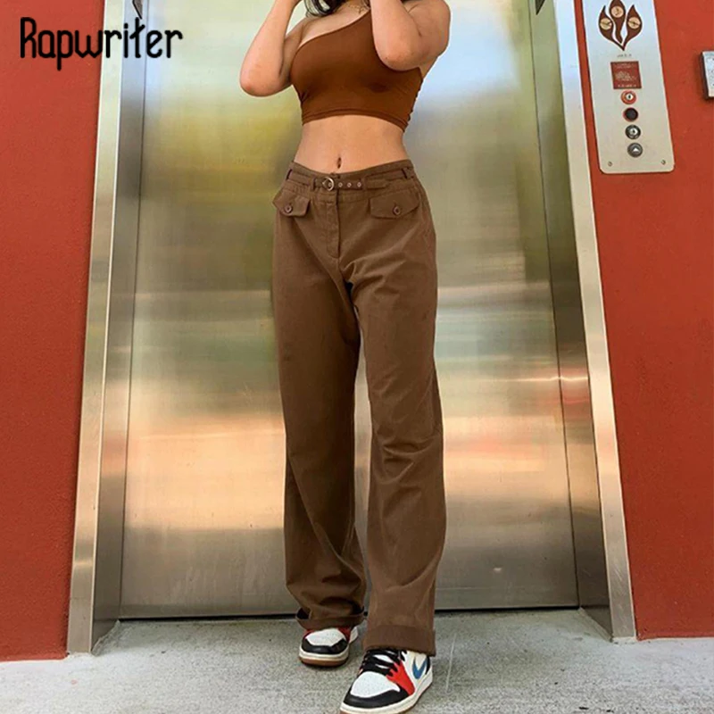 

Rapwriter Retro Brwon Denim Pants Y2K Low Waist Cargo Pants Casual Fashion Jeans Women Straight Sweatpants Harajuku Streetwear
